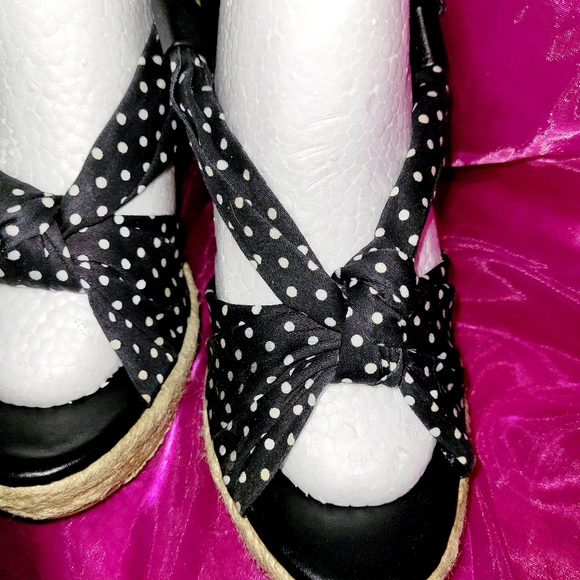 LAURA ASHLEY 8B 38 WEDGED SANDLES BLK /WHT CLOTH POKO DOT LEATHER PLATFORM SHOES - Picture 5 of 13